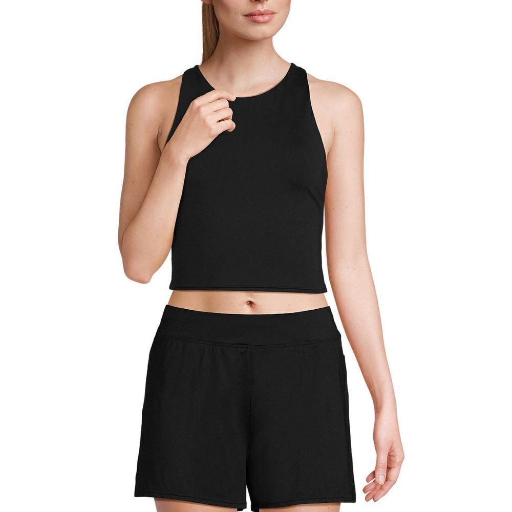 Land's End Plus Racer Back High Neck Tankini shelf bra removable cups black Var